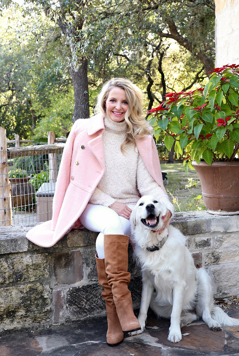 Pink Guess boucle coat on fashion blogger Erin Busbee, with white golder