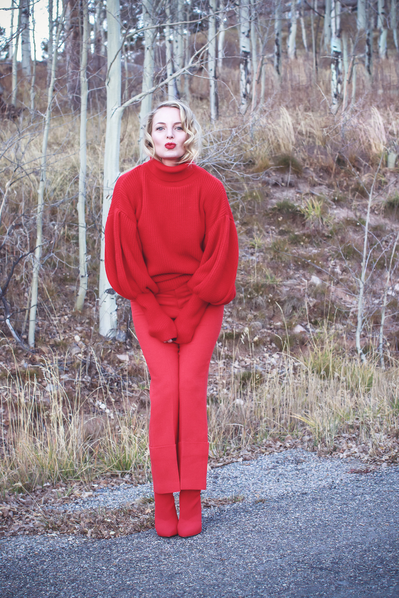 Red sweater by Topshop on fashion blogger over 40, Erin Busbee of Busbee Style in Telluride, Colorado