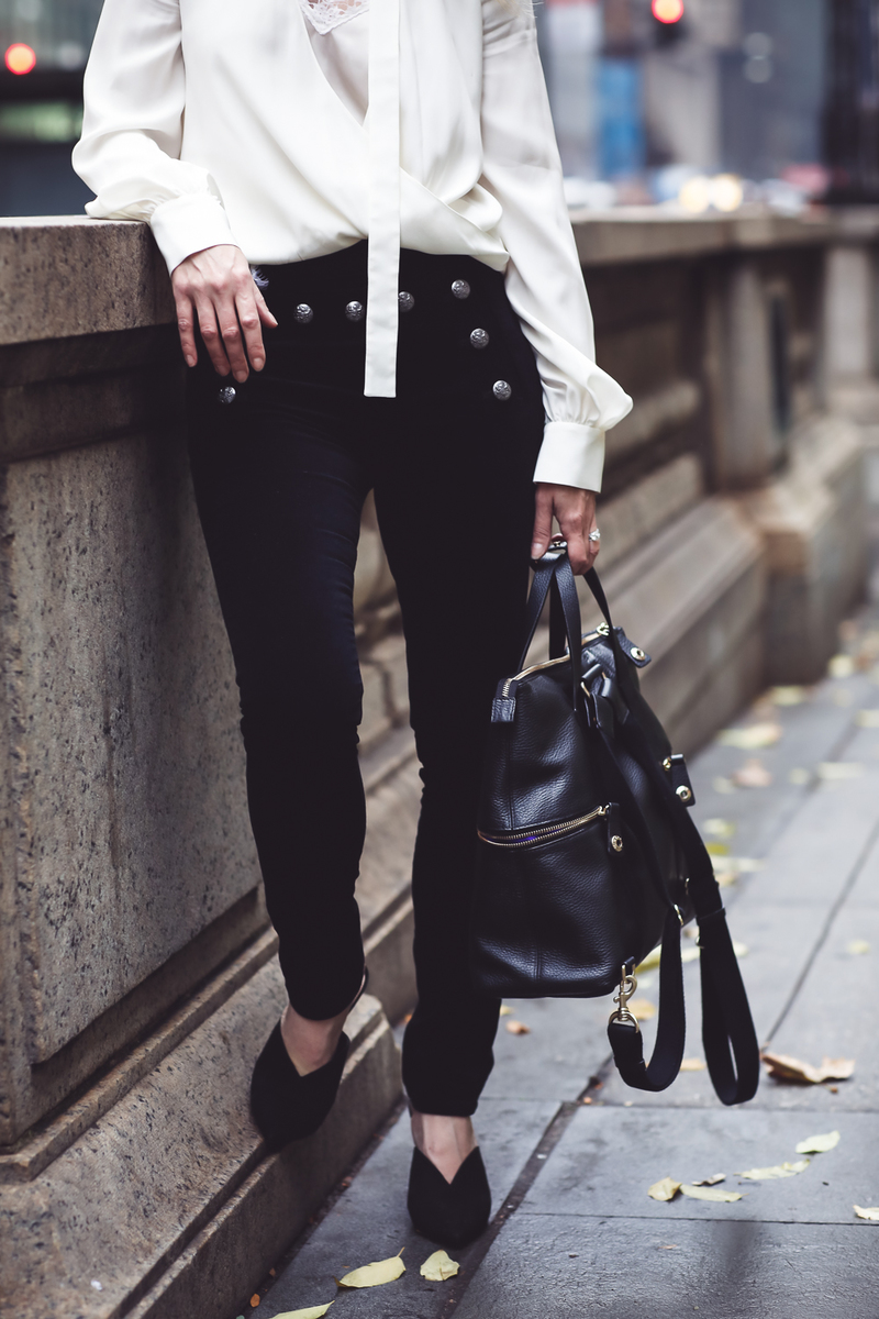 Veronica Beard velvet Sailor pants on fashion blogger Erin Busbee in NYC