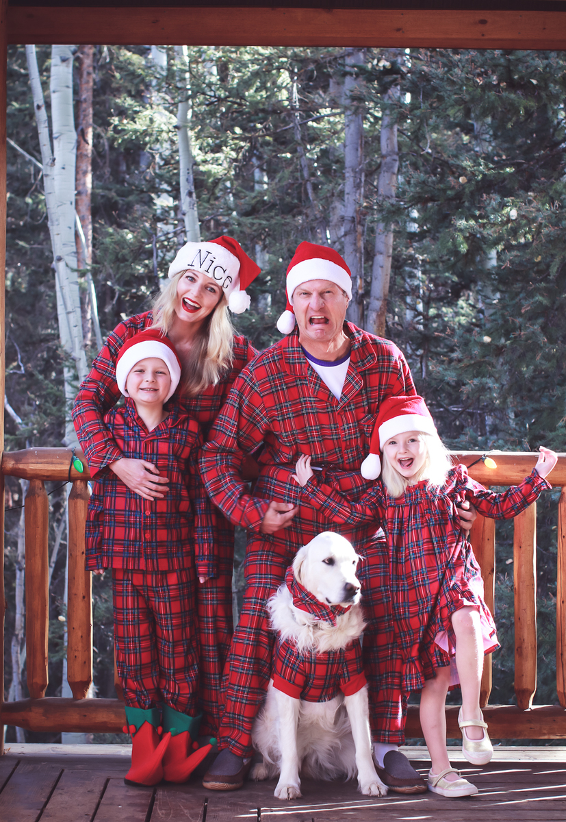 holiday card photo, Busbee Family wearing matching plaid pajamas from Macy's with golden retriever