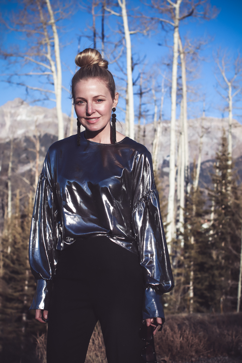Silver Lame Top For New Year's Eve, how to style a metallic, liquid metal, silver top by Topshop featuring fashion blogger over 40, Erin Busbee wearing baublebar black tassel earrings