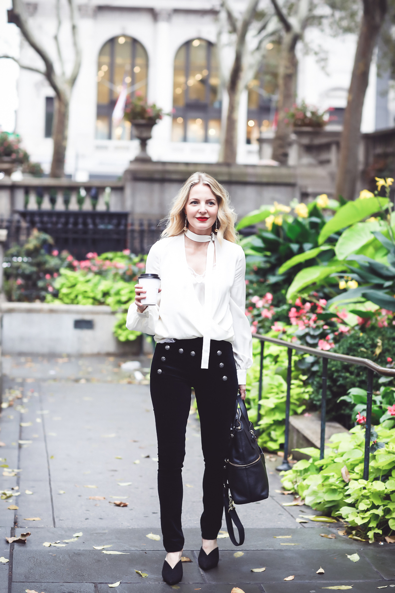 Slimming velvet pants by Veronica Beard with sailor buttons and an Alexis choker blouse in ivory with lace cami and Who What Wear mules on fashion blogger over 40 from Busbee Style, Erin Busbee in New York City