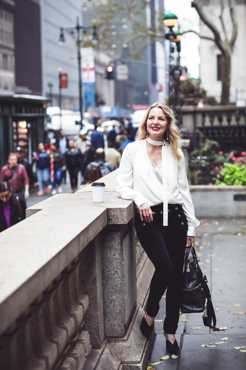 Slimming velvet pants by Veronica Beard with sailor buttons and an Alexis choker blouse in ivory with lace cami and Who What Wear mules on fashion blogger over 40 from Busbee Style, Erin Busbee in New York City