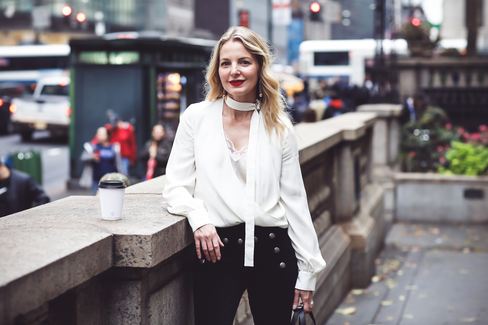 Velvet Pants, very flattering and slimming by Veronica Beard with silver buttons, paired with Who What Wear for Target black mules, white Alexis silk top, lace cami and a Henri Bendel jetsetter backpack on fashion blogger, Erin Busbee from Busbee Style