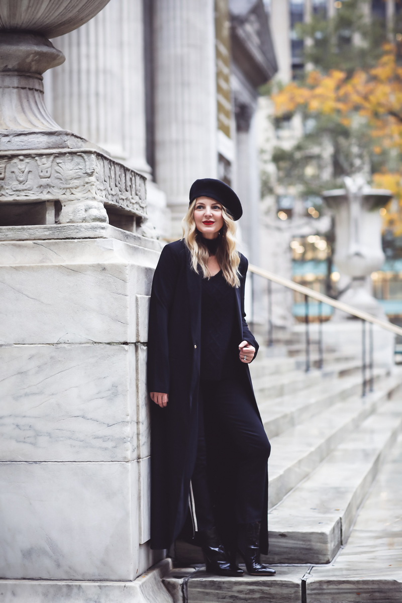 duster coat, blazer, and sweater, why you need a duster in your life, featuring fashion blogger over 40, Erin Busbee, of BusbeeStyle.com wearing Mother crop fray racing stripe jeans, britsy vince camuto patent booties, Aqua cashmere choker sweater, NBD duster blazer and a black wool beret
