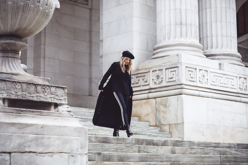 duster coat, blazer, and sweater, why you need a duster in your life, featuring fashion blogger over 40, Erin Busbee, of BusbeeStyle.com wearing Mother crop fray racing stripe jeans, britsy vince camuto patent booties, Aqua cashmere choker sweater, NBD duster blazer and a black wool beret