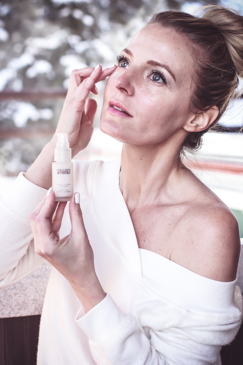 Spa Day, how to have a spa day at home, featuring colleen rothschild featuring Retinol supreme eye serum, on beauty blogger over 40, Erin Busbee of BusbeeStyle.com in Telluride, Colorado by steaming hot tub