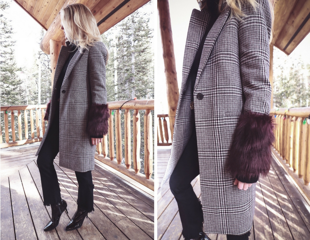 Style uniform | four casual go-to outfit ideas for women over 40, featuring cashmere black turtleneck, plaid faux fur coat by Club Monaco, Citizens black cropped, frayed jeans and Stuart Weitzman patent boots on fashion blogger Erin Busbee of Busbee Style