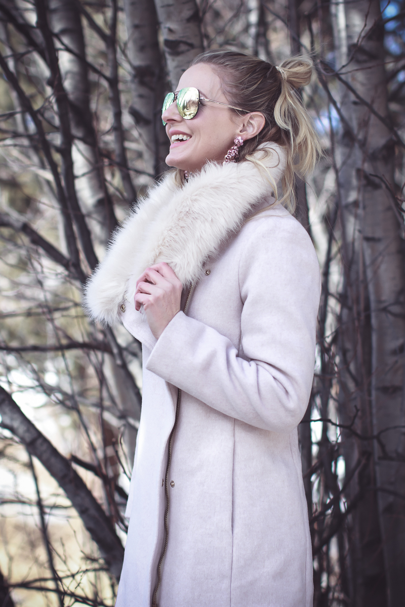 Faux Fur Coat, glam winter coat option in pale pink by Club Monaco on Fashion blogger, Erin Busbee of BusbeeStyle.com in Telluride, Colorado