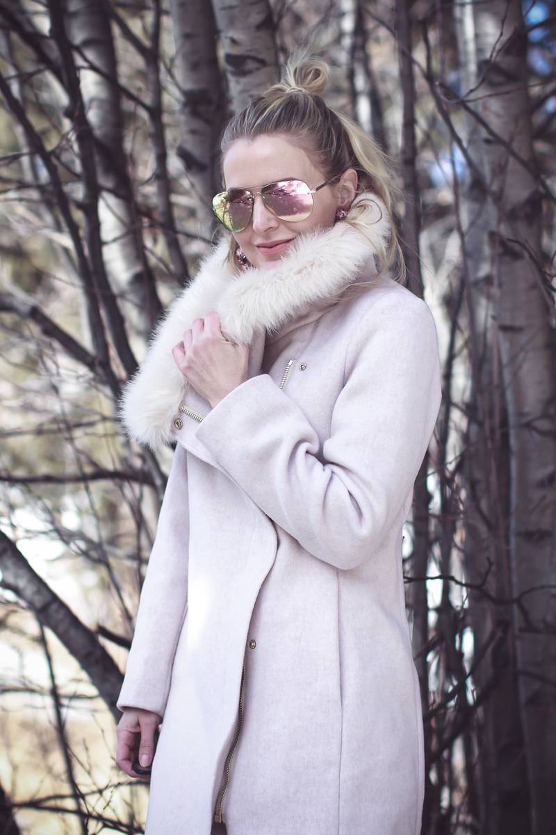 Faux Fur Coat, glam winter coat option in pale pink by Club Monaco on Fashion blogger, Erin Busbee of BusbeeStyle.com and Busbee Style in Telluride, Colorado with over the knee suede, Marc Fisher boots and white jeans