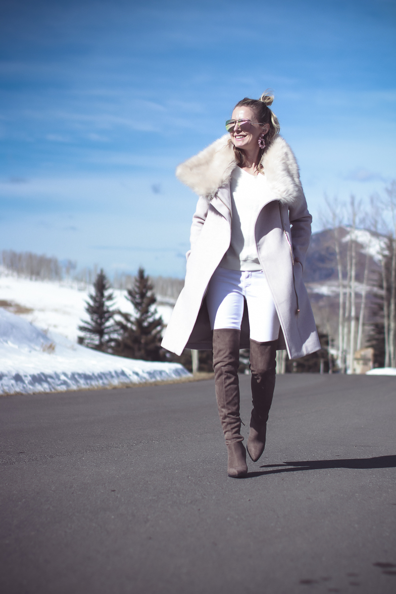 Faux Fur Coat, glam winter coat option in pale pink by Club Monaco on Fashion blogger, Erin Busbee of BusbeeStyle.com in Telluride, Colorado