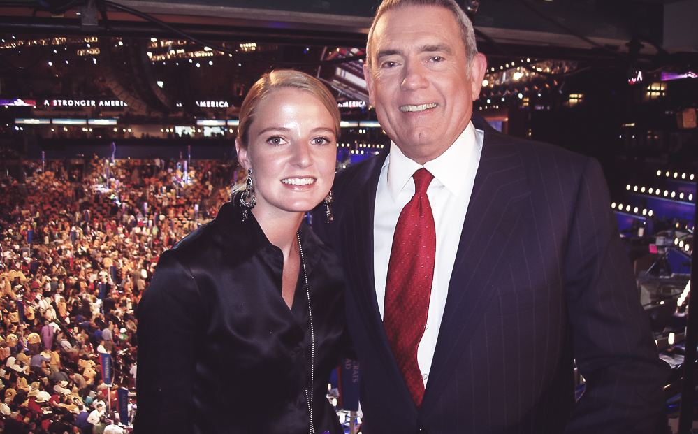 Erin Busbee with WCBS TV at the Democratic National Convention with Dan Rather of CBS