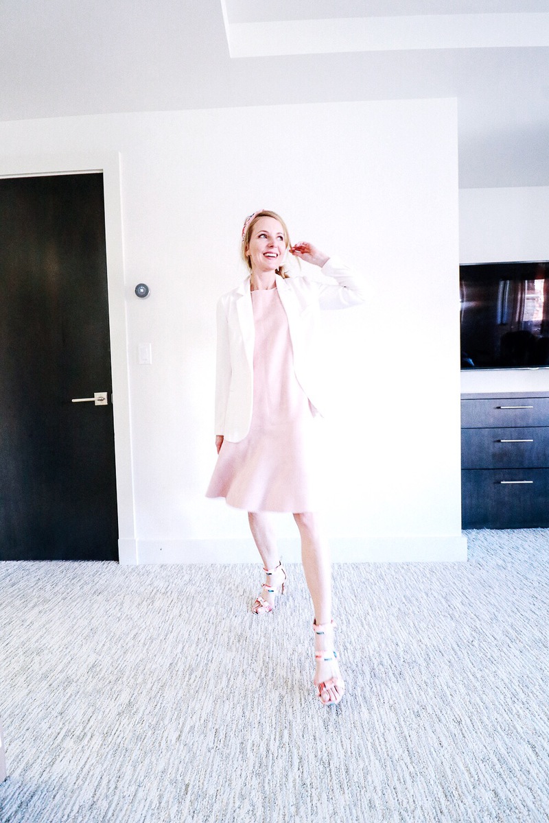 Spring Outfits, what I wore, real life outfits for women over 40 with fashion blogger Erin Busbee of Busbee Style featuring a drop waist faux suede pink dress by Vince Camuto and a blush crepe blazer with Louise et Cie shoes, way to update your wardrobe this spring