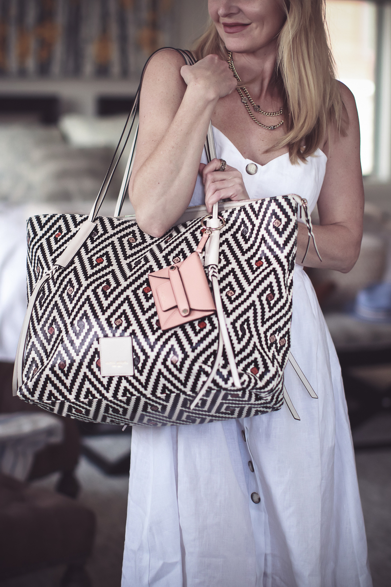 Best accessories featuring a beautiful beach bag tote vinyl in black and ivory print from Henri Bendel on fashion blogger Erin Busbee of BusbeeStyle.com 