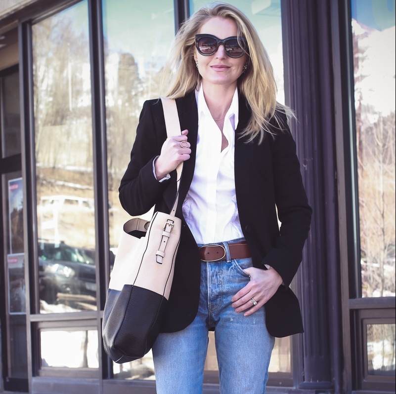 Styling 2 Ways on fashion blogger over 40, Erin Busbee of Busbee Style wearing Madewell black blazer, Moussy tapered jeans, white button down and Henri bendel color block tote