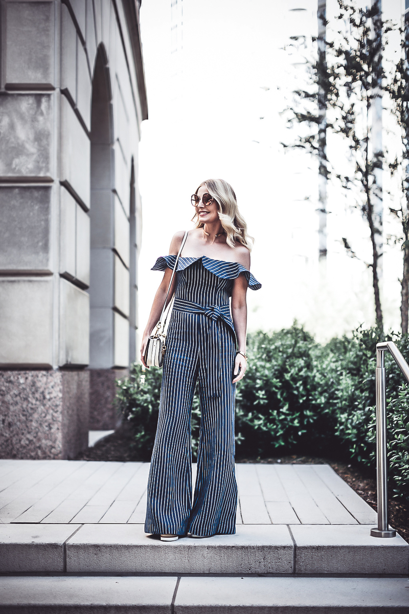 reward style conference 2018 blond fashion blogger wearing Alexis striped off shoulder denim jumpsuit with round sunglasses 