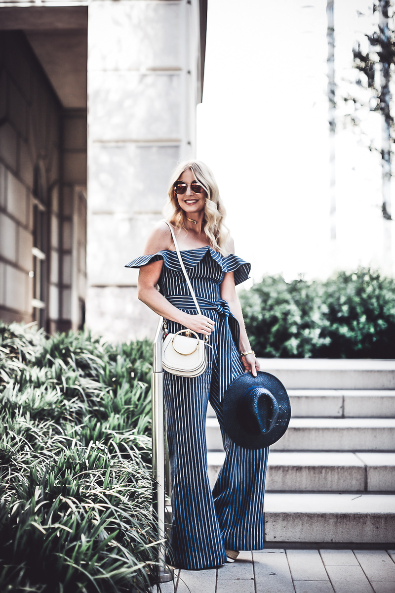 reward style conference 2018 blond fashion blogger wearing Alexis striped off shoulder denim jumpsuit with round sunglasses and carrying a chloe nile bag in white