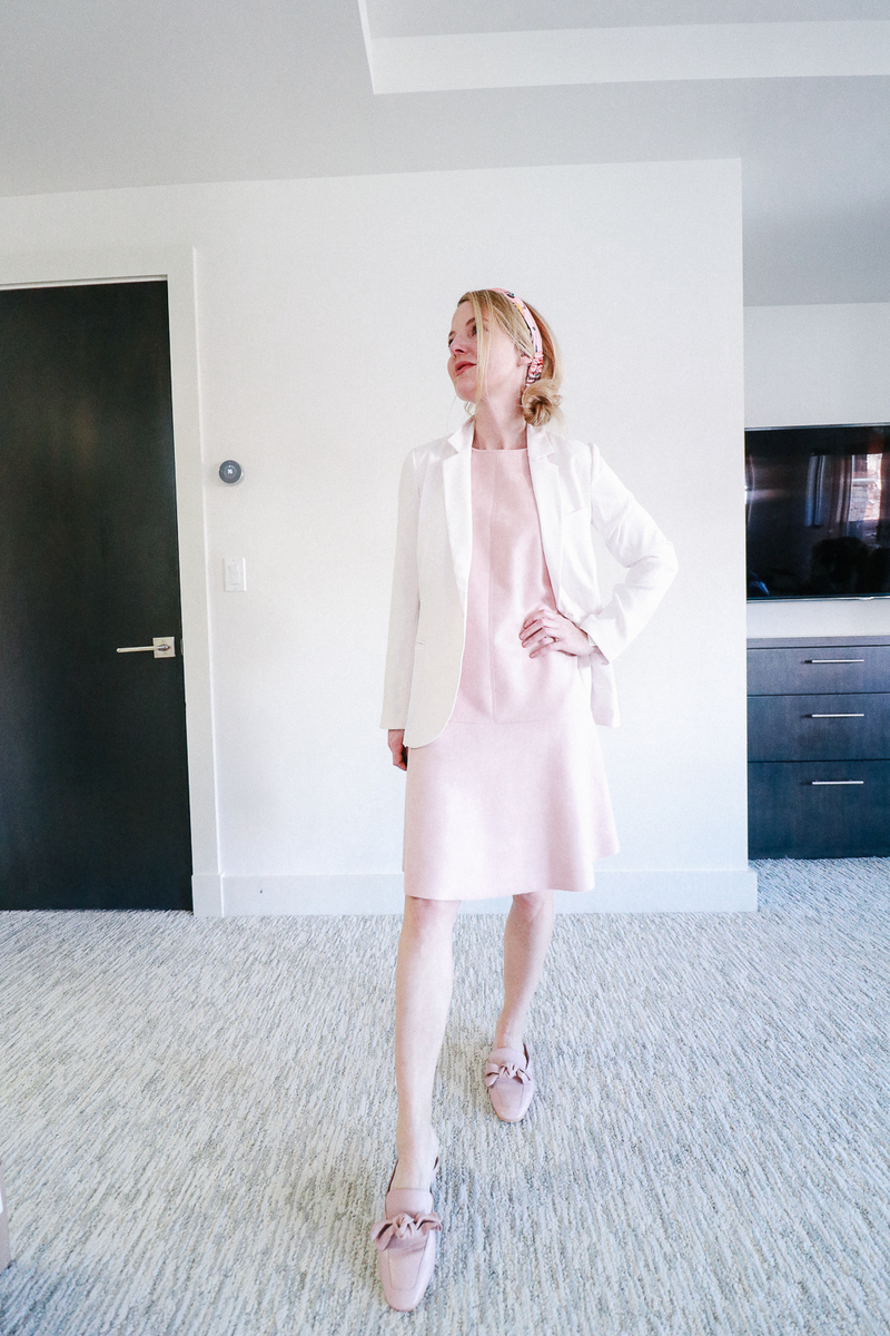 flats shoes for women featuring a drop waist faux suede dress by Vince Camuto, crepe white blazer from Nordstrom, and BP bow pink mule flats on fashion blogger over 40 Erin Busbee of Busbee Style