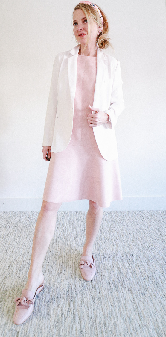 flats shoes for women featuring a drop waist faux suede dress by Vince Camuto, crepe white blazer from Nordstrom, and BP bow pink mule flats on fashion blogger over 40 Erin Busbee of Busbee Style