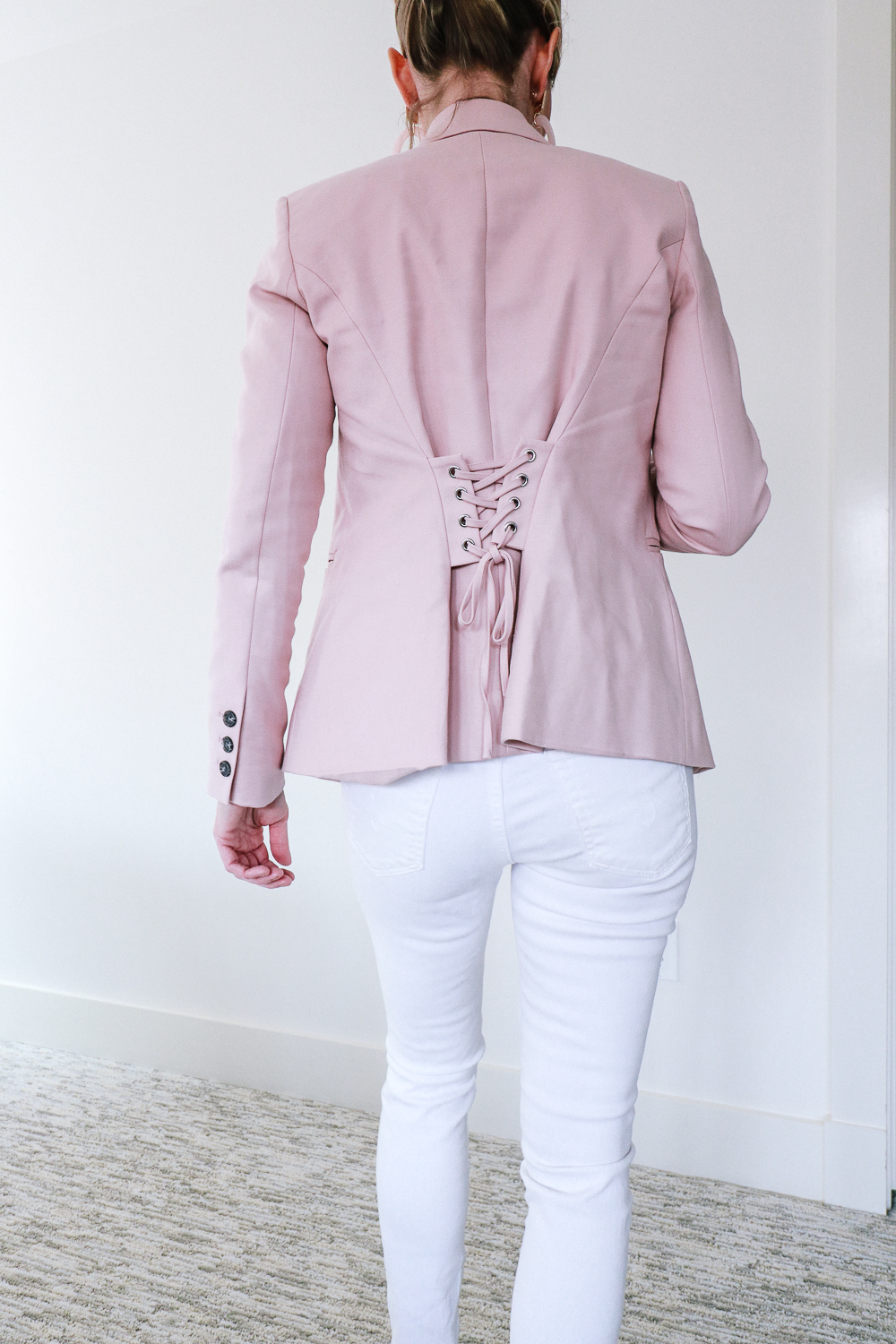 how to style your blazer, outfit ideas with your blazer, featuring a Vince Camuto pink blazer with corset detail on fashion blogger over 40, Erin Busbee of BusbeeStyle.com
