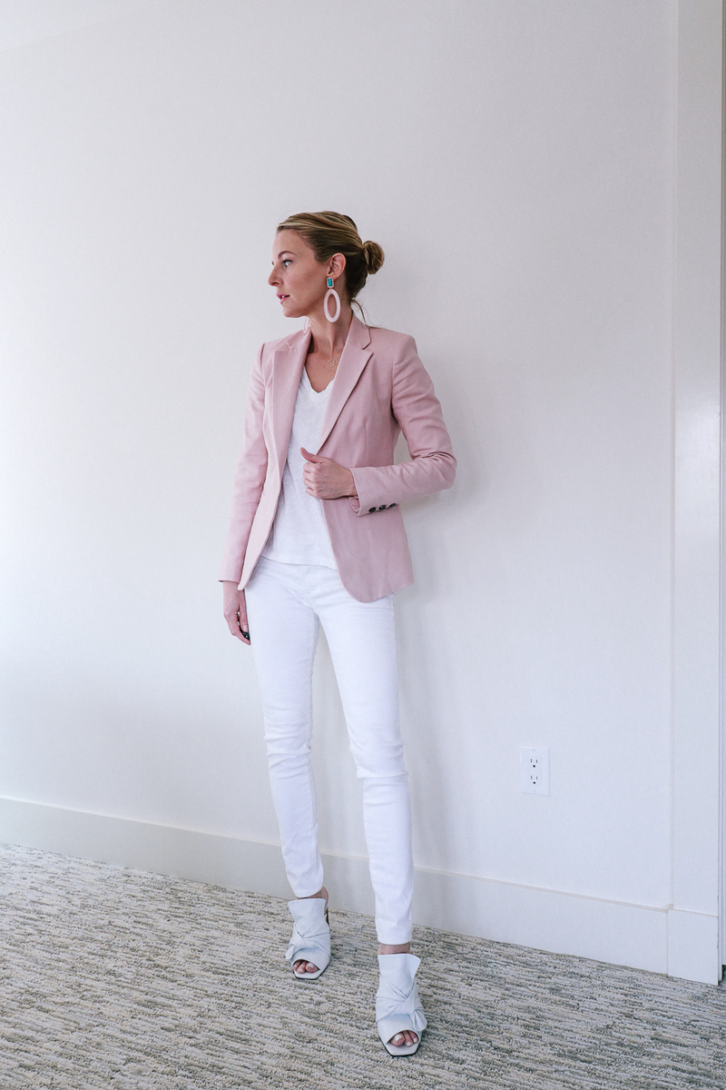 how to style your blazer, outfit ideas with your blazer, featuring a Vince Camuto pink blazer with corset detail on fashion blogger over 40, Erin Busbee of BusbeeStyle.com