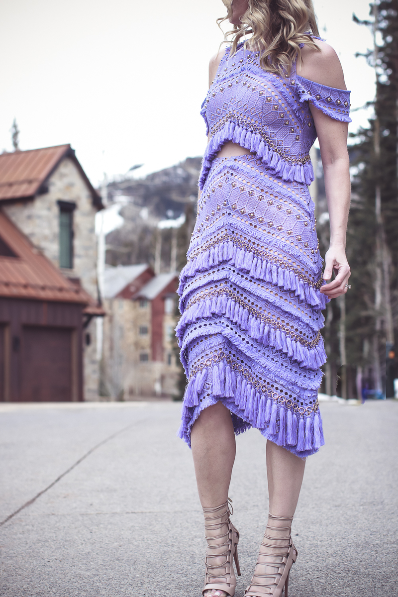 Shopbop Sale Picks April 2018 sale, featuring Fashion Blogger Erin Busbee of Busbee Style wearing a purple Thurley tassel dress with Aquazzura laceup nude sandals