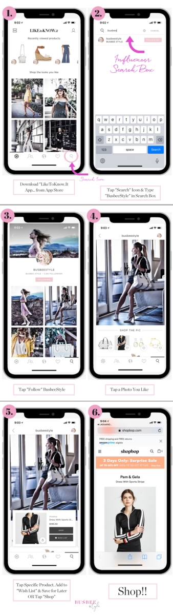 How to Use LikeToKnow.It app graphic explaining how to use it and the new wish list feature step by step by busbeestyle.com