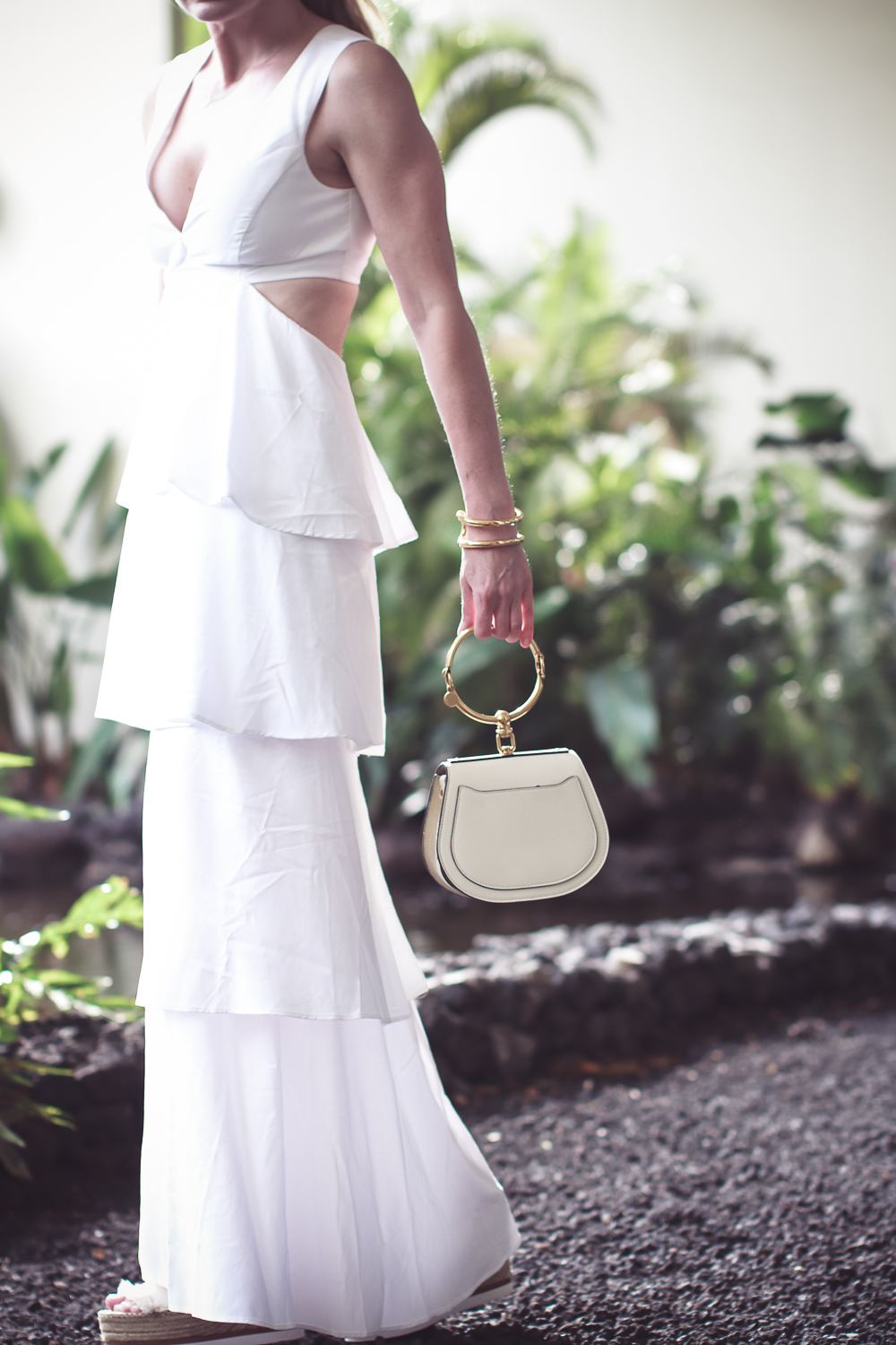 maxi dresses including this white ruffle maxi dress by Bardot on blonde woman in tropical place, best memorial day deals