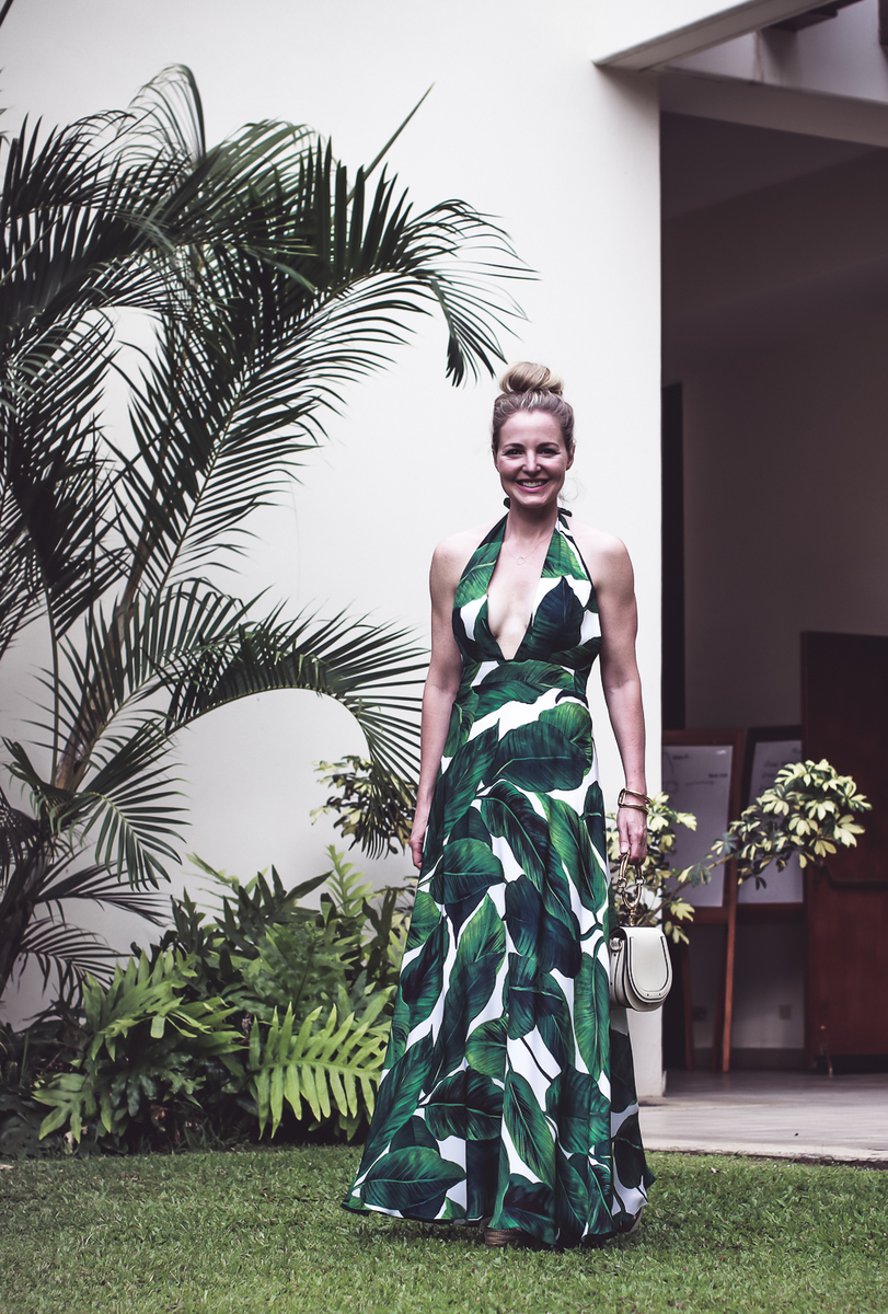 Palm print maxi dress by Milly on blond woman with hair up