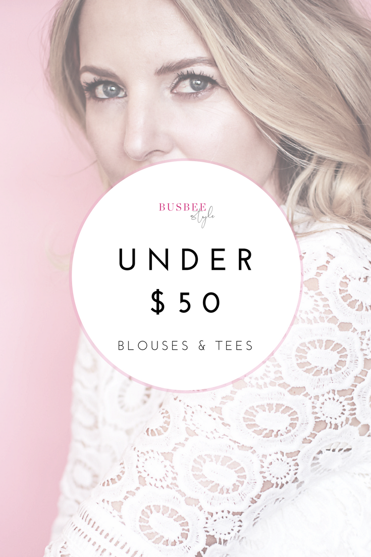 tops and blouses under $50 graphic featuring blond woman wearing lace top