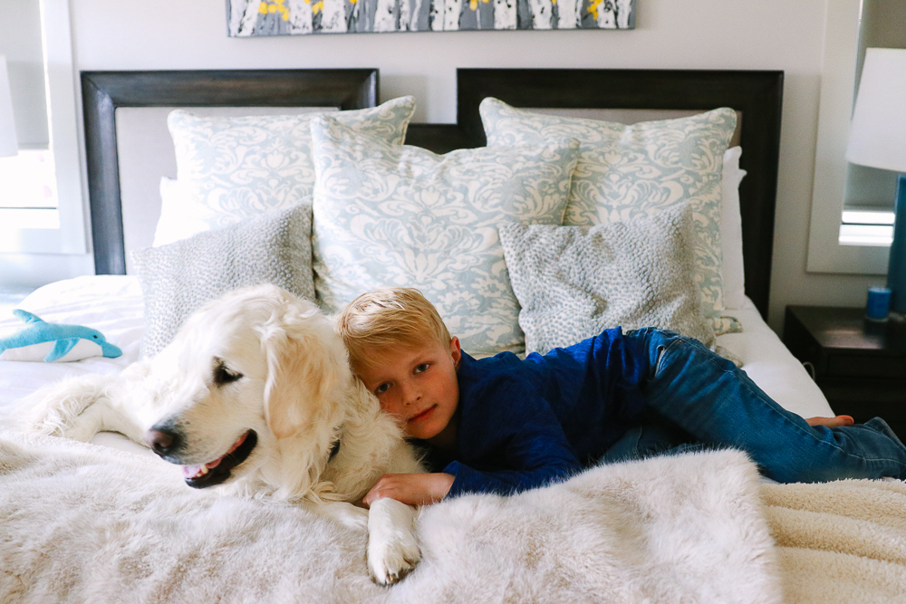 King Headboard mixing linen with solid wood in a modern home with family and dog on bed
