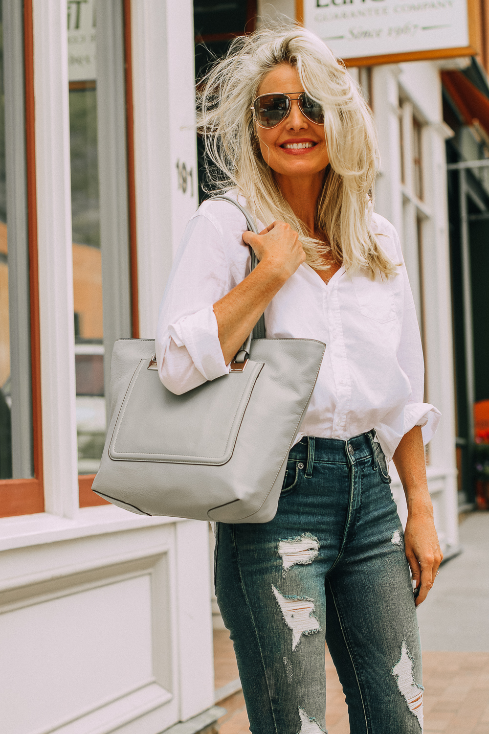 Vince Camuto gray tote bag paired with white button down frank and eileen shirt