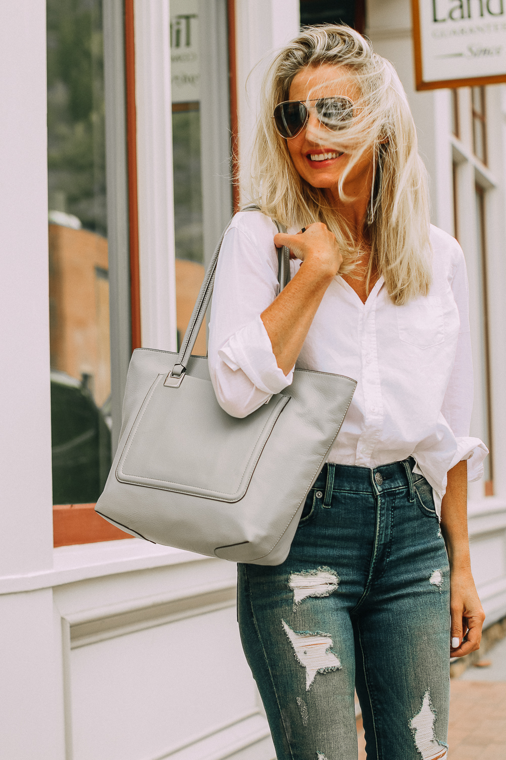 Vince Camuto gray tote bag paired with white button down frank and eileen shirt
