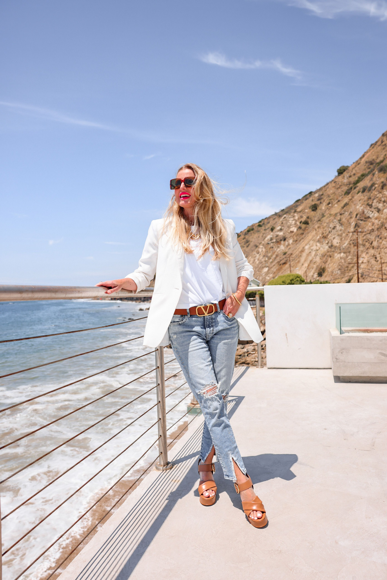 white blazer outfits, How to wear a white blazer in summer, White blazer outfit summer, casual white blazer outfit, white blazer with jeans, how to wear a white blazer, ways to wear a white blazer, cinq a sept white khloe blazer, moussy vintage ithan jeans, see by choloe leather platform sandals, see by chloe white t-shirt. valentino reversible belt, erin busbee fashion blogger over 40, malibu ca