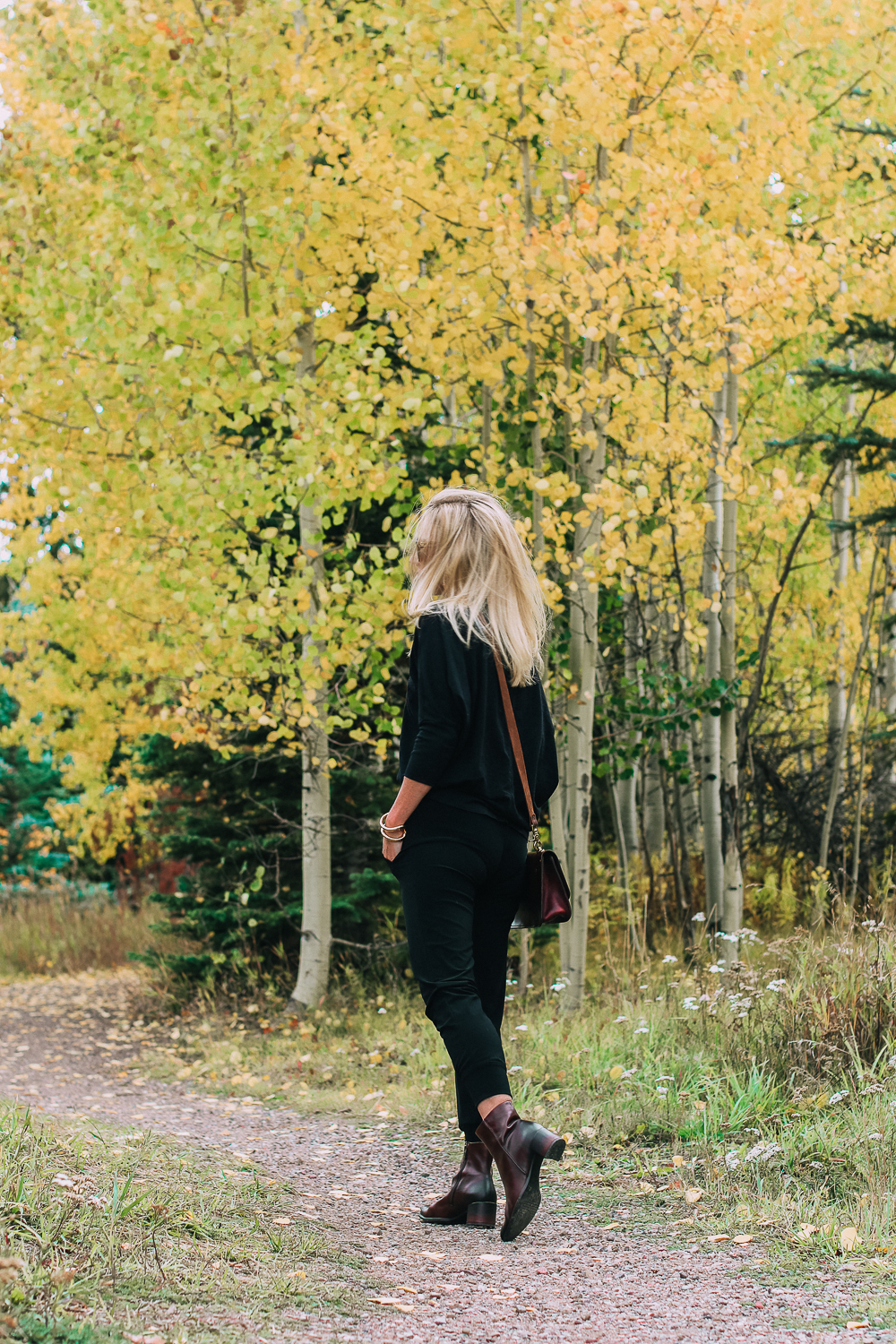 ankle boots for walking in Bison brown with low block heel and comfort, cushion technology by ECCO on fashion blogger in black joggers by Norma Kamali and black off shoulder top with brown crossbody bag