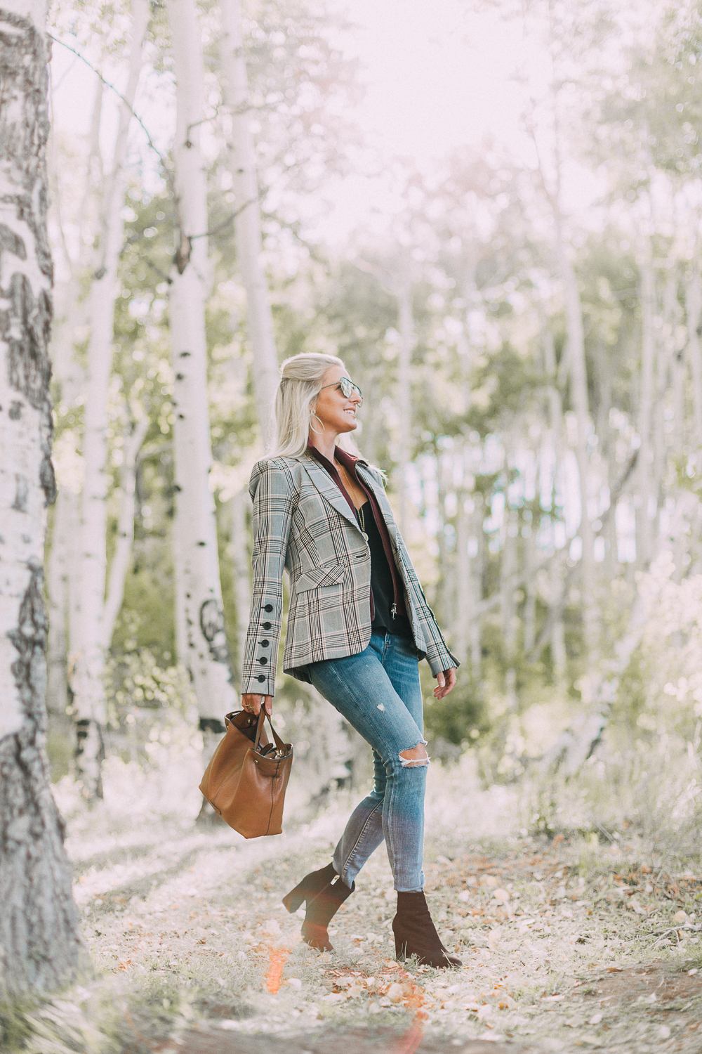 Fall Booties 2018 featuring Vince Camuto black suede side zip booties with a veronica beard plaid blazer and blankNYC jeans on fashion blogger over 40, Erin Busbee of BusbeeStyle.com