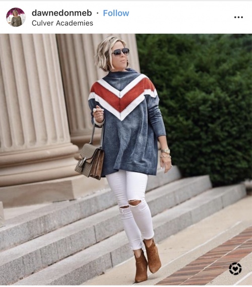40+ fashion blogger wears distressed white skinny jeans, brown booties, red, white and blue chevron top