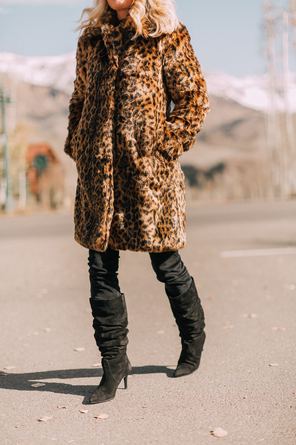 J.Crew faux fur leopard coat with slouchy knee high boots blogger outfit for fall and winter