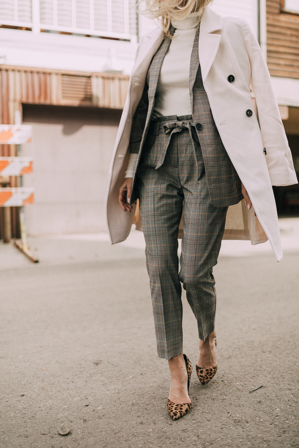 express workwear outfit idea what to wear to office fall attire plaid pants leopard pumps