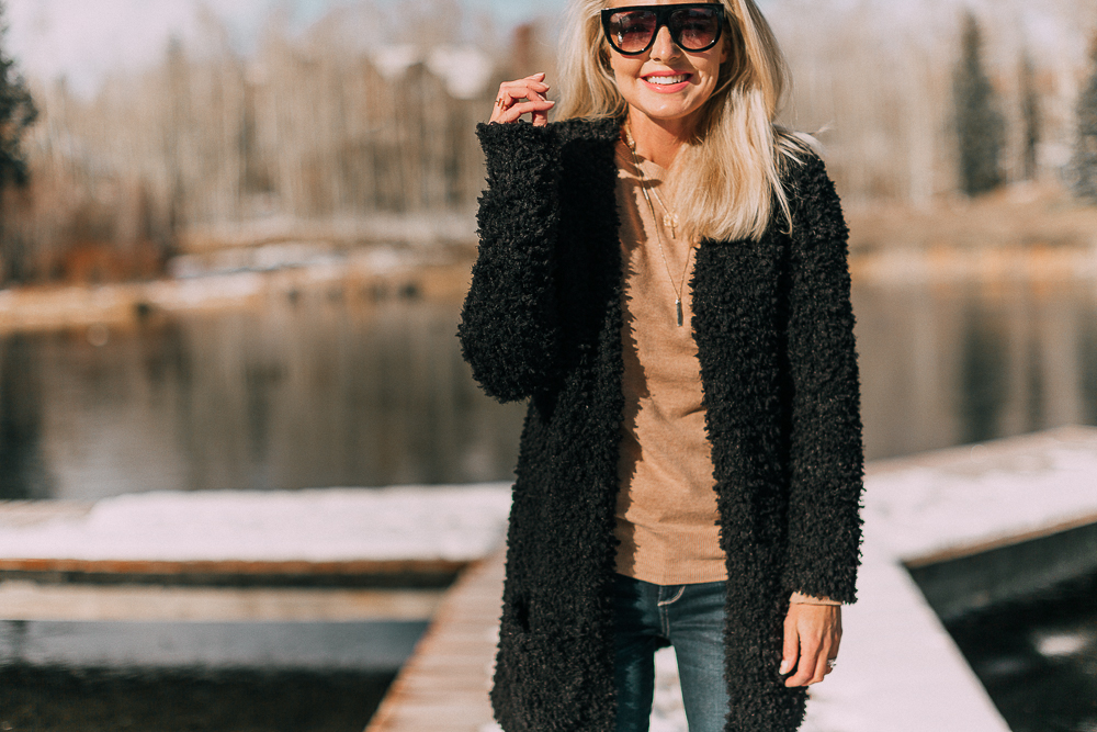 Best sweaters for fall for women 2018 featuring a fuzzy chunky knit black cardigan sweater from JCPenney