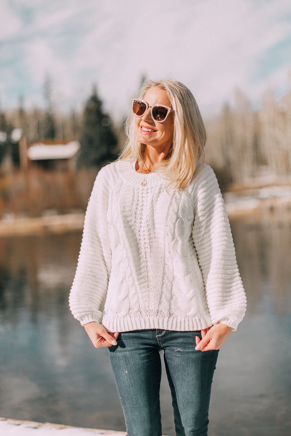 Best sweaters for fall for women 2018 featuring a white chunky knit cable knit sweater from JCPenney on blonde fashion blogger