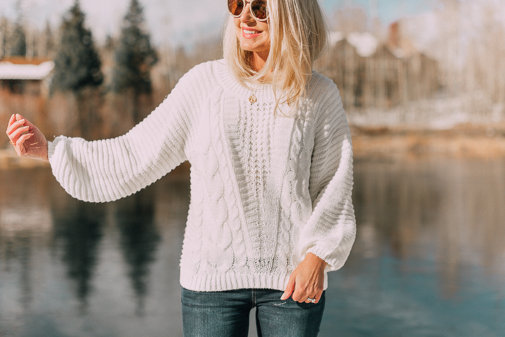 Best sweaters for fall for women 2018 featuring a white chunky knit cable knit sweater from JCPenney on blonde fashion blogger