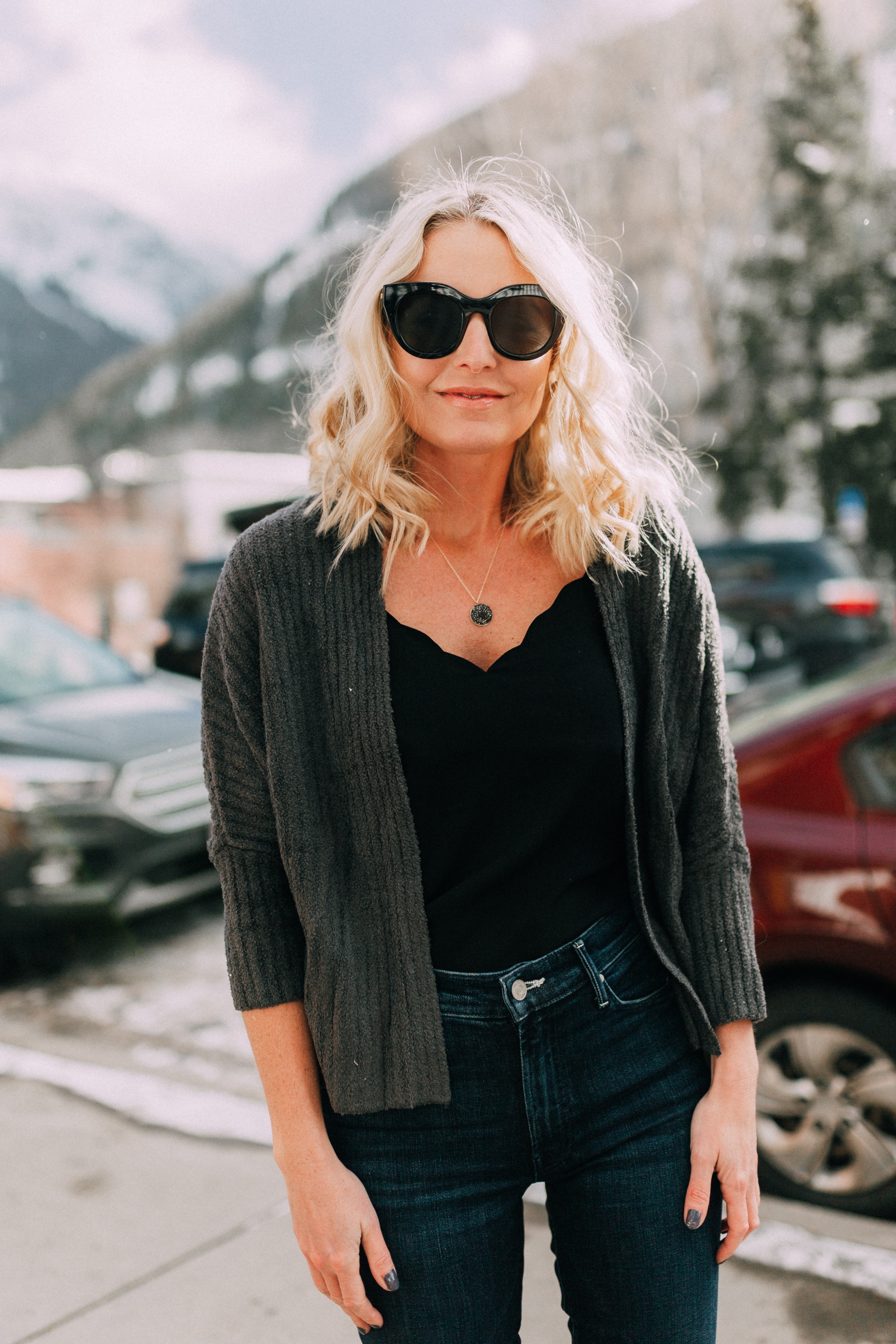 Styling Cardigan Sweater 2 Ways, one look for date night and one for everyday casual activities featuring a Barefoot Dreams shrug cardigan on fashion blogger over 40, Erin Busbee in partnership with QVC