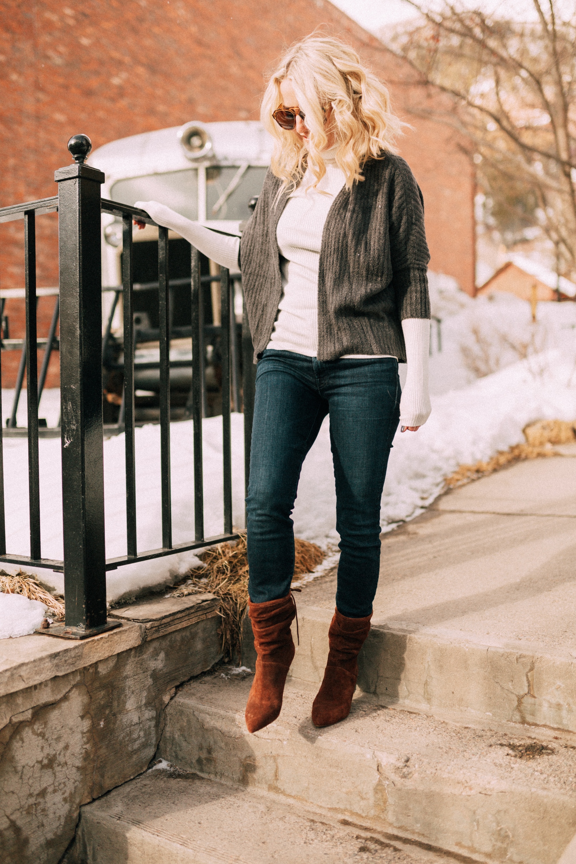 Styling a Cardigan Sweater 2 Ways, one look for date night and one for everyday casual activities featuring a Barefoot Dreams shrug cardigan on fashion blogger over 40, Erin Busbee in partnership with QVC