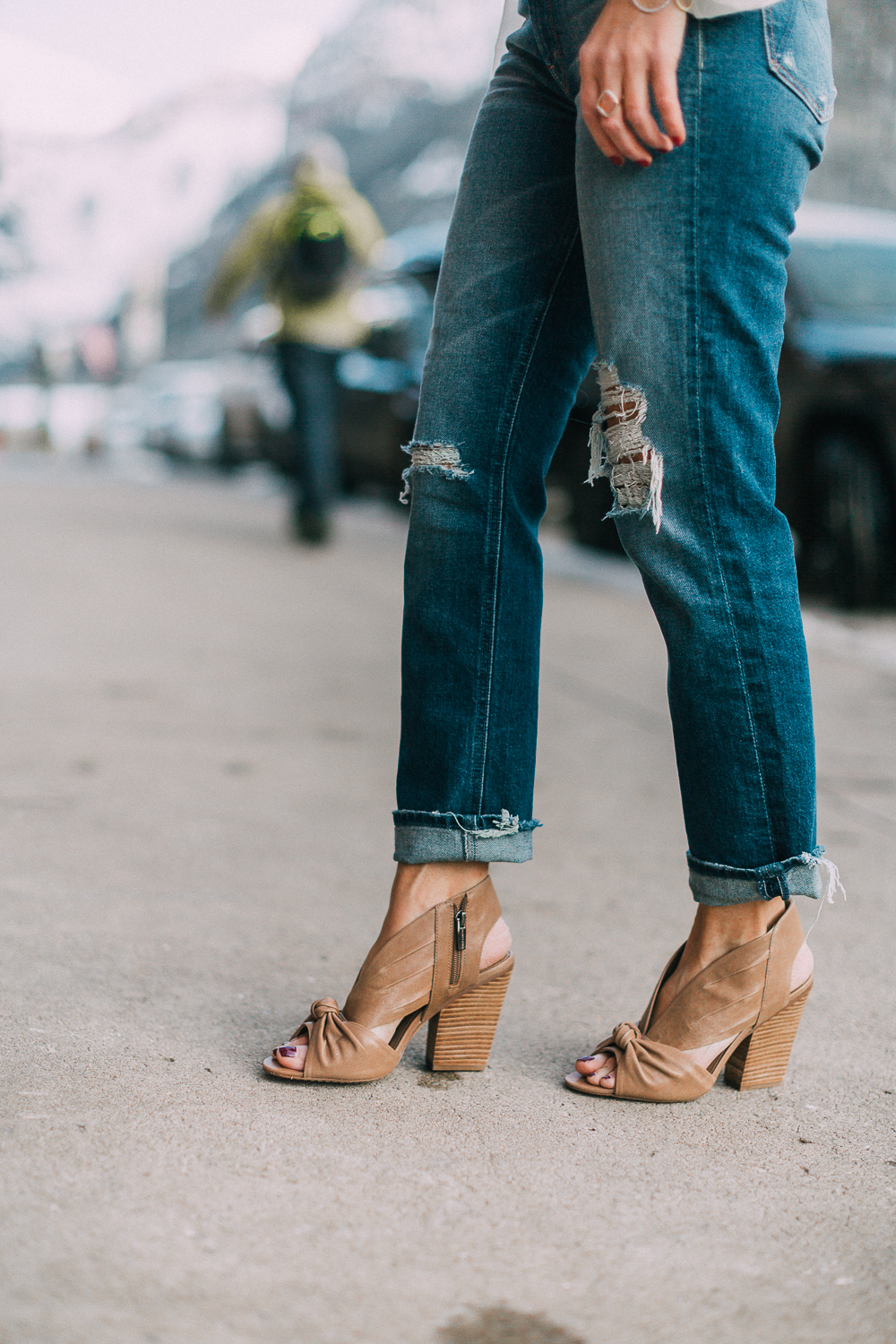 nude vince camuto kerra sandals with heel and top knot work with destroyed boyfriend jeans