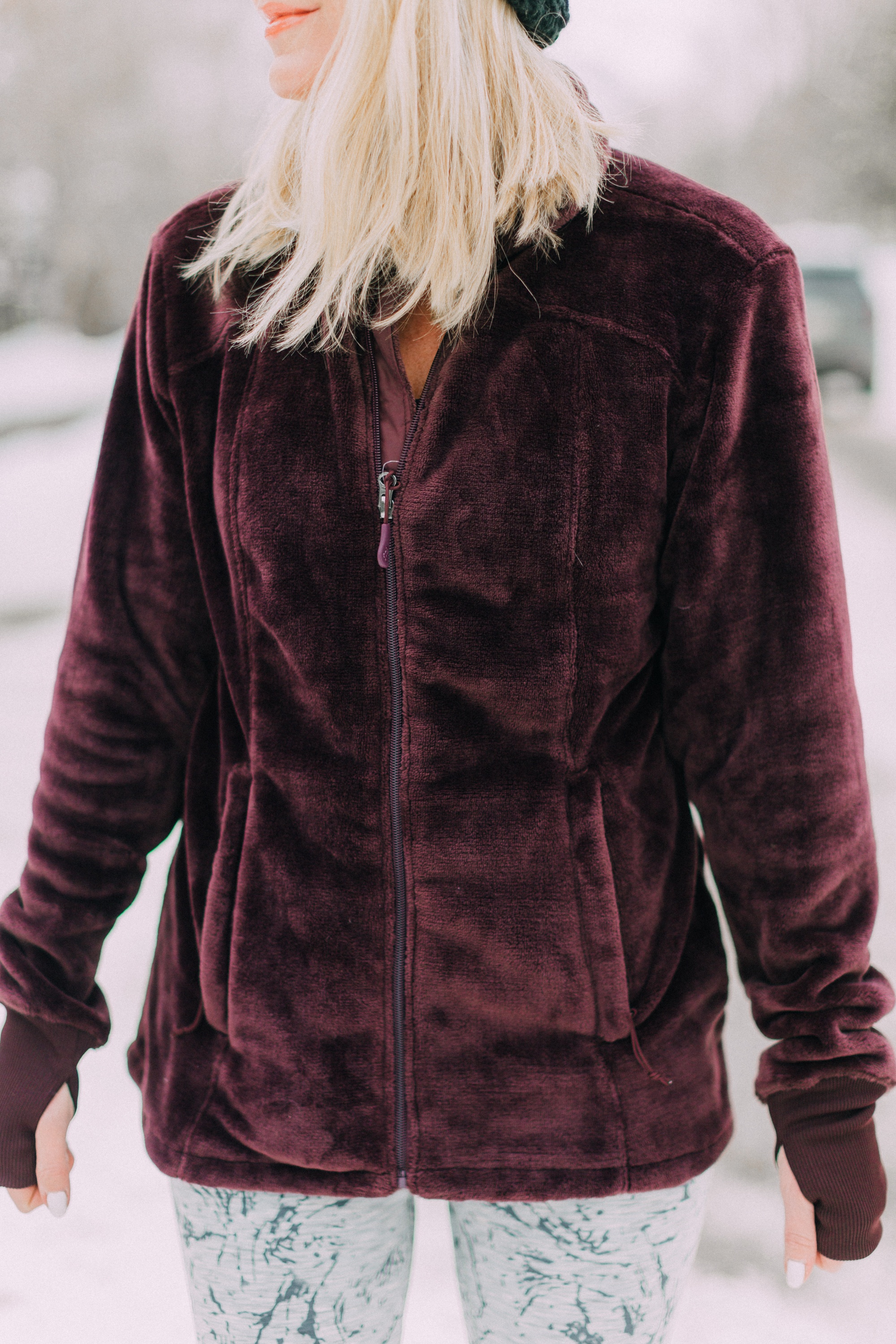Reversible leggings and burgundy fleece jacket from Jockey worn by fashion blogger Erin Busbee of BusbeeStyle.com in Telluride, CO