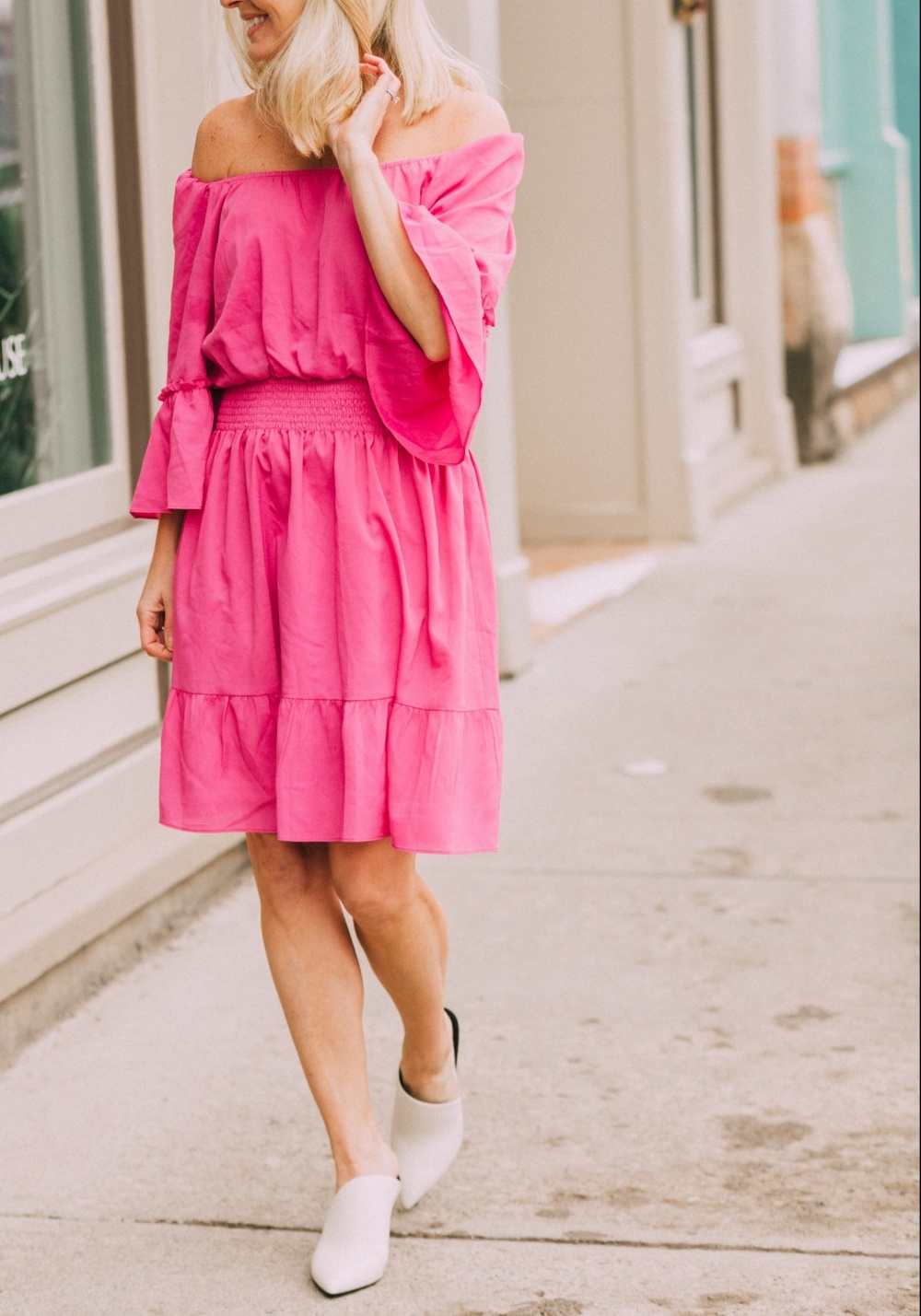 Spring Fashion, bright pink Le Gali off the shoulder dress with Via Spiga white mules from Bloomingdale's worn by fashion blogger Erin Busbee of BusbeeStyle.com in Telluride, CO