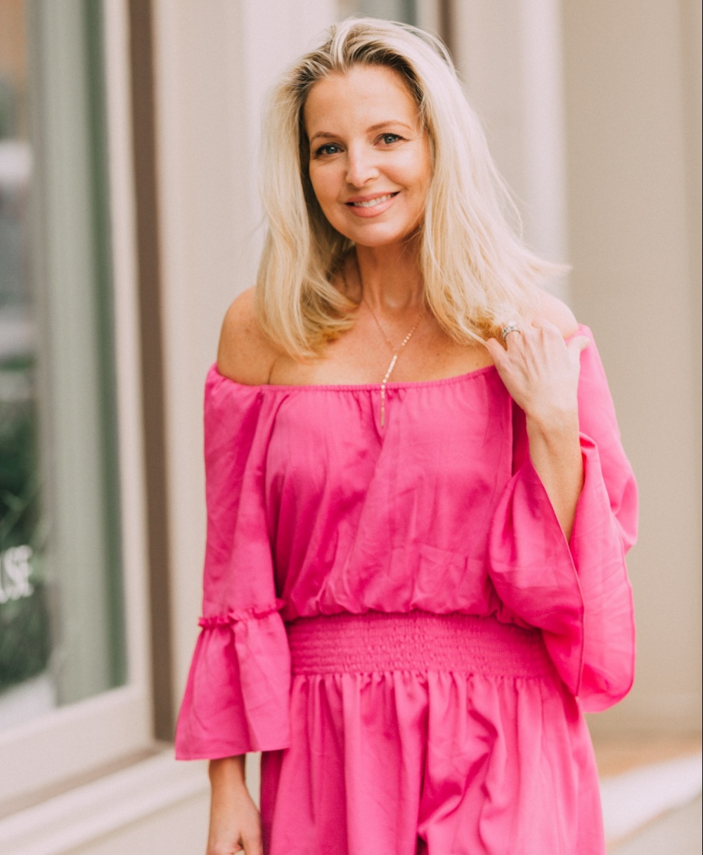 Spring fashion, pink Le Gali off the shoulder dress from Bloomingdale's worn by fashion blogger over 40, erin busbee of busbeestyle.com