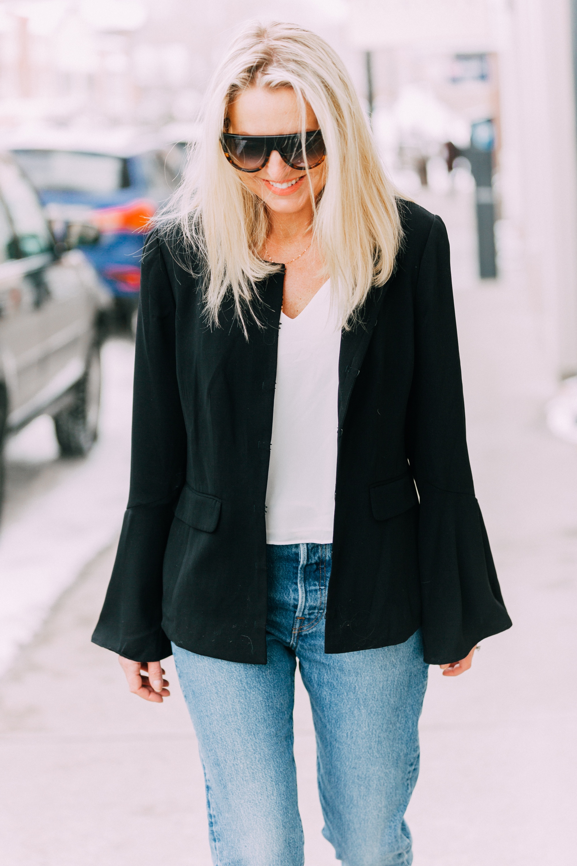 Spring Fashion, Le Gali black flare sleeve jacket, Levi jeans, AQUA tank, and Via Spiga white mules from Bloomingdale's worn by fashion blogger Erin Busbee of BusbeeStyle.com in Telluride, CO