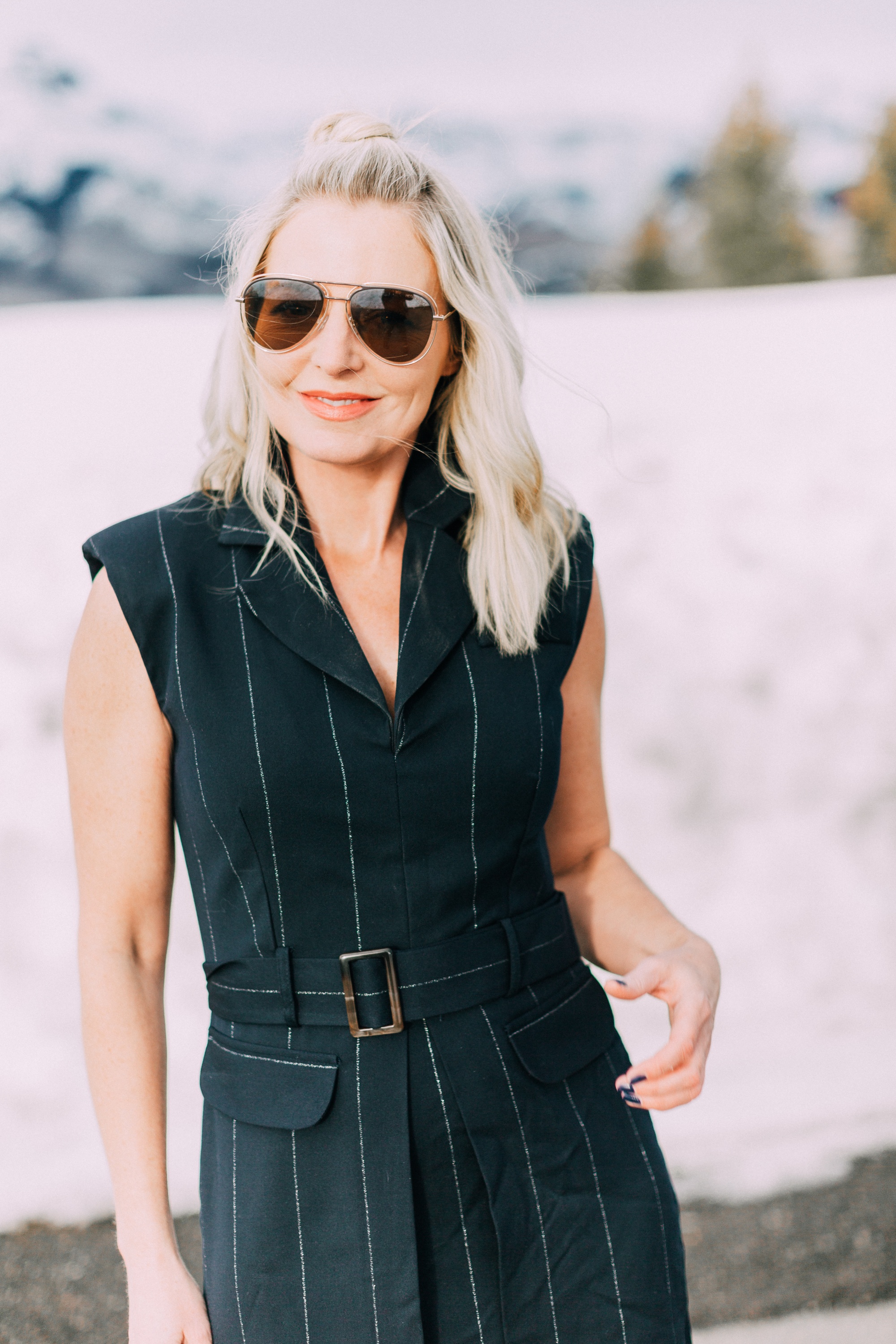 Spring Office Dress, fashion blogger Erin Busbee of BusbeeStyle.com wearing a navy pinstripe dress from Asos with black Jimmy Choo pumps in Telluride, Colorado, talking about dresses for the office